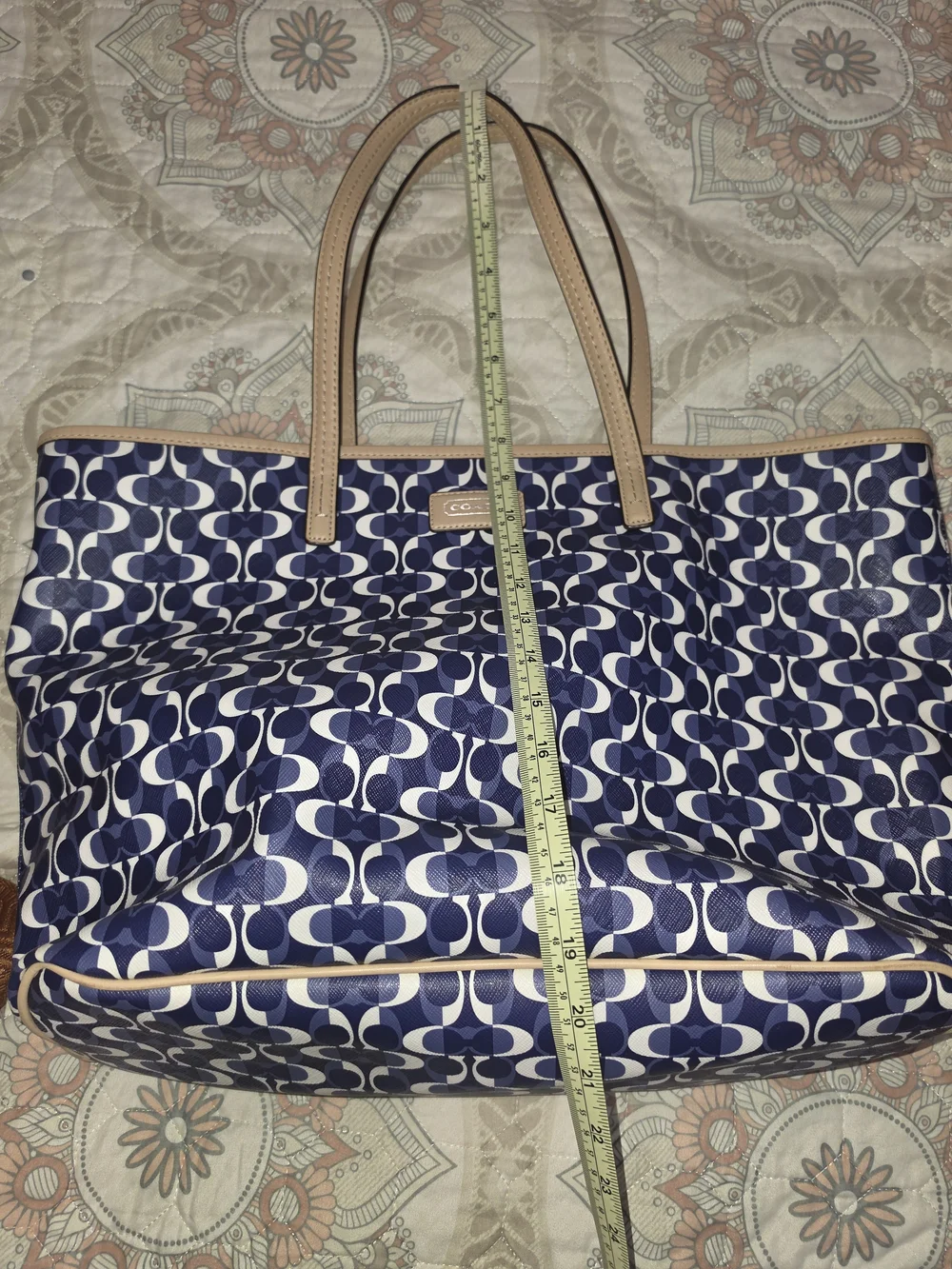 COACH Signature Navy Canvas Tote with Tan Leather Trim
